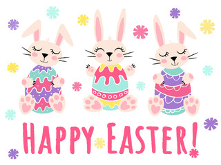 Cute cartoon bunnies with colorful Easter eggs. Children's drawing with pencil texture for traditional greeting cards and posters. Vector horizontal illustration in bright colors with the inscription