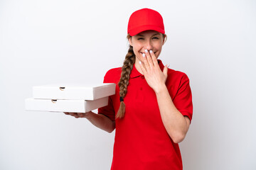 pizza delivery woman with work uniform picking up pizza boxes isolated on white background happy...