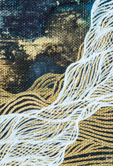 Abstract blue and gold paint canvas texture background. Mixing acrylic paints.Modern lines art canvas background.