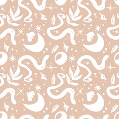 Mystical witch symbols and signs seamless pattern. Snake, moon, stars, occult, moth. Print for paper, stationery, textile