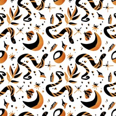 Materiał do szycia Mystical witch symbols and signs seamless pattern. Snake, moon, stars, occult, moth. Print for paper, stationery, textile