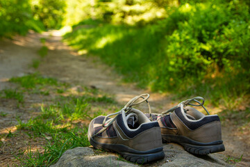 Zwei Schuhe, Wanderschuhe auf Waldweg im grünen Wald im Frühling auf Weg