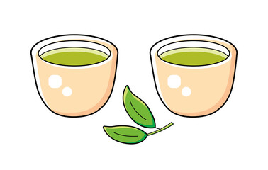 Two small Chinese or Japanese green tea cup and tea branch with leaves isolated cartoon vector