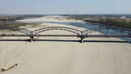 Tragetasche problems of drought and aridity in the almost waterless Po river with large expanses of sand and no water - climate change and global warming, Drone view in Ponte Della Gerola, Mezzana Bigli, Pavia  © andrea