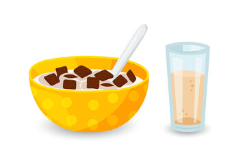 Breakfast cereal and a glass of orange juice isolated on white background. Vector  illustration