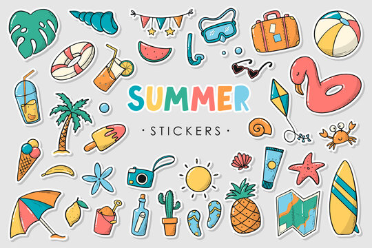 Set of 35 summer stickers with white edge. Good for labels, prints, sublimation, cards, magnets, scrapbooking, clip art, stationary, etc. EPS 10
