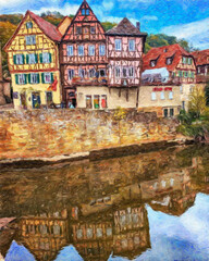 Fototapeta na wymiar Colorful painting modern artistic artwork, drawing in oil European famous street view, beautiful old vintage house, textured brush strokes, design print for canvas or paper poster, touristic product