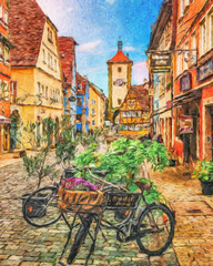 Colorful painting modern artistic artwork, drawing in oil European famous street view, beautiful old vintage house, textured brush strokes, design print for canvas or paper poster, touristic product