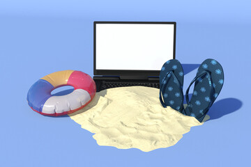 Sofa and umbrella on sand beach with sea and sky background. summer vacation concept. survival 3d rendering   © maximilian