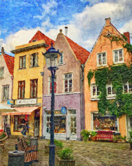 Fototapeta premium Colorful painting modern artistic artwork, drawing in oil European famous street view, beautiful old vintage house, textured brush strokes, design print for canvas or paper poster, touristic product