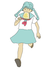 パンをくわえて走る少女のキャラクター