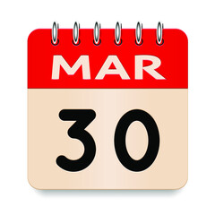 30 day of the month. March. Flip old formal calendar daily icon. Date day week Sunday, Monday, Tuesday, Wednesday, Thursday, Friday, Saturday. Cut paper. White background. Vector illustration. 3d