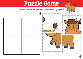 Vector educational kids puzzle game to cut and stick pieces with cartoon bull character