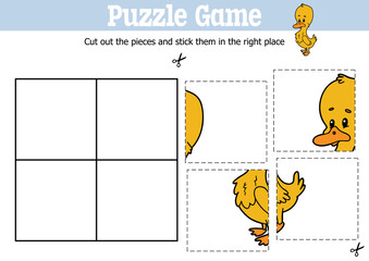 Vector educational kids puzzle game to cut and stick pieces with cartoon duck character