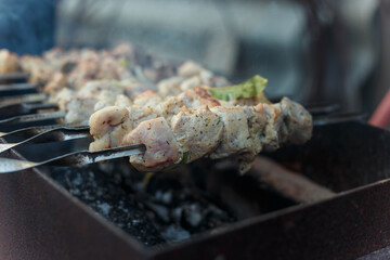 Marinaded pork meat pieces on skewers frying over bonfire. Kebab or traditional shashlik cooking with lot of smoke.