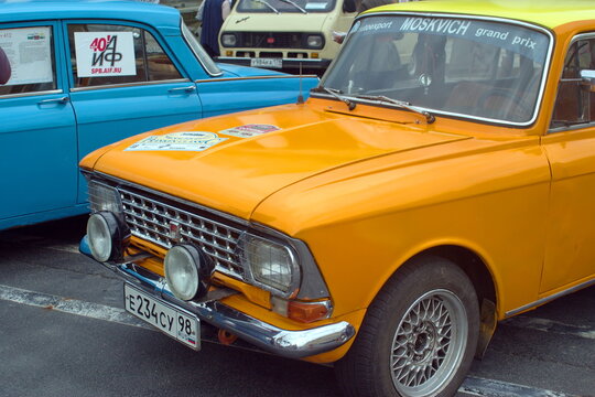 Saint Petersburg, Russia - August 25, 2018: Parade of old cars to the 40th anniversary of the newspaper Arguments and facts . Moskvich 426. Front-side view.