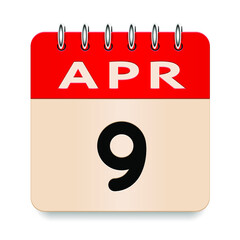9 day of the month. April. Flip old formal calendar daily icon. Date day week Sunday, Monday, Tuesday, Wednesday, Thursday, Friday, Saturday. Cut paper. White background. Vector illustration. 3d