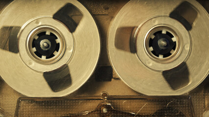 Cassette tape player, spool close up. A vintage music template with a natural color look