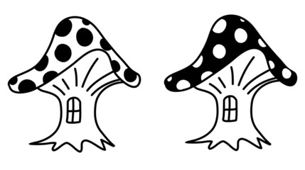 Fairy mushroom with polka dot hat and window, house in the form of mushroom fly agaric, black and white hand drawn doodle