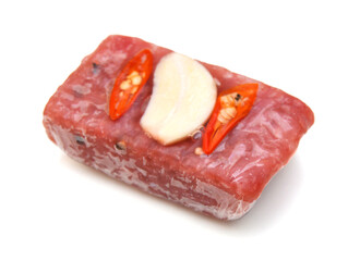 Sour pork : venamese northeastern style food which mixed pork rice garlic sugar and salt in banana leaf package.