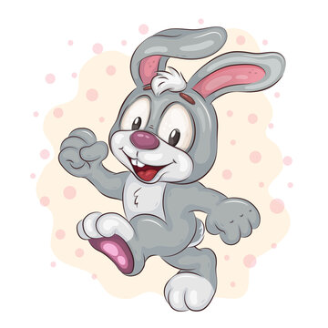 Naughty Easter Bunny. Cute childish illustration of an Easter Bunny. A mischievous cartoon rabbit jumping. Positive and unique design. Children's illustration.