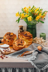 Easter traditional bread cake - Kraffin, panettone decorated on kitchen table
