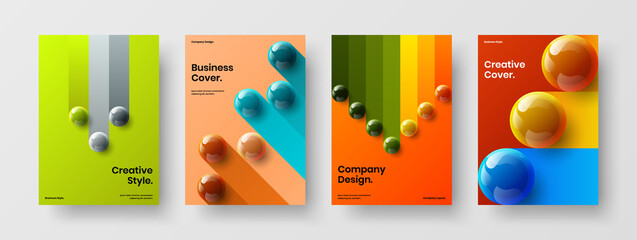 Creative 3D balls magazine cover illustration composition. Colorful annual report A4 vector design concept set.