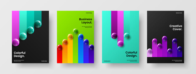 Unique journal cover vector design illustration collection. Modern 3D spheres brochure concept composition.