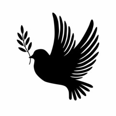 Silhouette Peace dove with olive branch. Vector illustration isolated on white background.