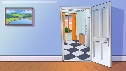 Cartoon background illustration of the kitchen and corridor.