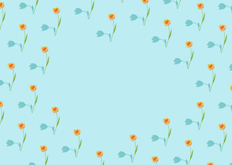 Spring season pattern concept with fresh blossoming colorful tulips on bright blue background. Floral natural idea, surreal shadow visual effect.
