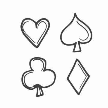 Set of sketch playing card suit icons. Hand drawn illustration