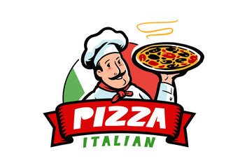 Cartoon chef character with pizza. Italian food restaurant, restaurant emblem vector illustration