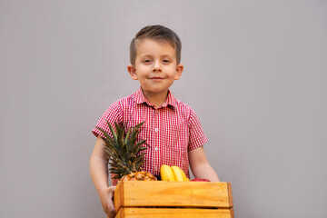 Niño feliz alegre contento ayudando cargando canasta de madera de rica fruta tropical piña plátano banana manzana posando y disfrutando para retrato  - obrazy, fototapety, plakaty