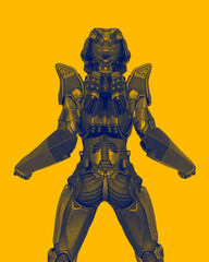Fototapeta na wymiar alien female soldier is doing a pin up rear view pose in white background