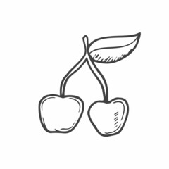 Cherry hand drawn outline doodle icon. Vector sketch illustration of healthy berry - fresh raw cherry on a branch with a leaf for print, web, mobile and infographics isolated on white background.
