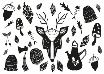Scandinavian set. Deer, acorn, tree, log house, hat, axe, leaves, mushrooms, kettle, berries, cones, bones. Vector illustration of forest objects. Culture of Scandinavia. A hand-drawn drawing.