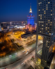 Warszawa, wieżowce nocą, zdjęcia z drona, zachód słońca © Arkadiusz