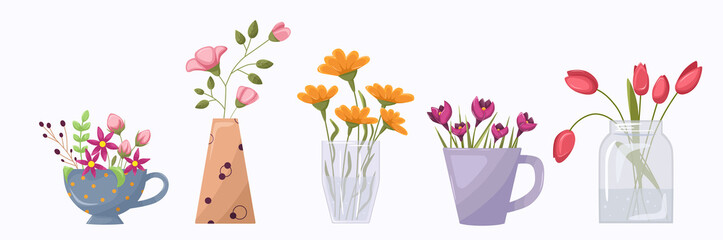 Set of bright flower bouquets. Flower bouquets in vases, mugs and glasses. Summer flowers, romantic gifts. Isolated vector illustration for poster, banner, cover, menu, advertisement.