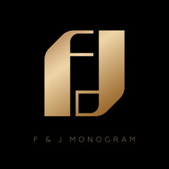 Letter F and Letter J. F and J monogram consists of gold ribbons. Luxury goods gold emblem.