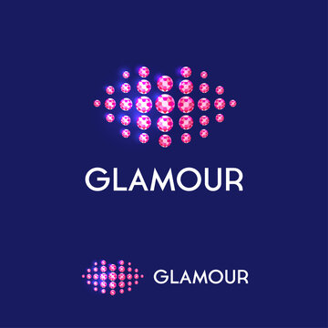 Glamour logo. Beauty salon symbol. Red lips consists of ruby crystals with glow. 