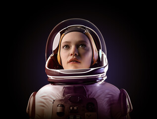 Female astronaut looking up, dramatic lighting.