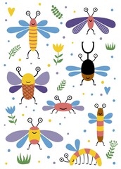 Funny creatures look like bugs and flies vector insects with floral elements