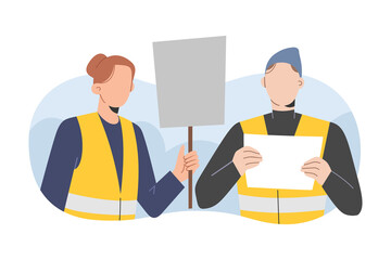 Volunteers welcoming refugees, woman and man volunteering meeting refugees standing, holding banners and signs, wearing reflective yellow vests, humanitarian aid concept, vector cartoon illustration