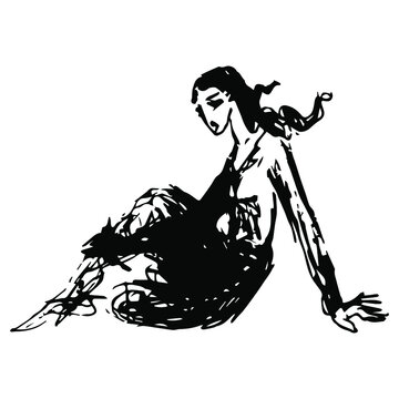 Young Woman Seated On Ground. Hand Drawn Linear Doodle Rough Sketch. Black Silhouette On White Background.