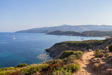 Sailing boats having dropped anchor near the coast of Corsica in a translucent, clear and calm Mediterranean sea