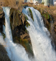 Turkey - Antalya Duden Waterfall. The place where the waterfall spills into the sea, the Düdenbaşı waterfall