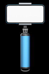 Realistic smartphone with blank white screen and selfie stick isolated on black