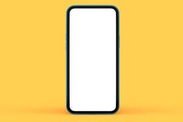 Realistic blue smartphone with blank white screen isolated on orange background