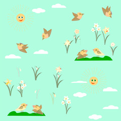 spring flowers daffodils and birds pattern no background